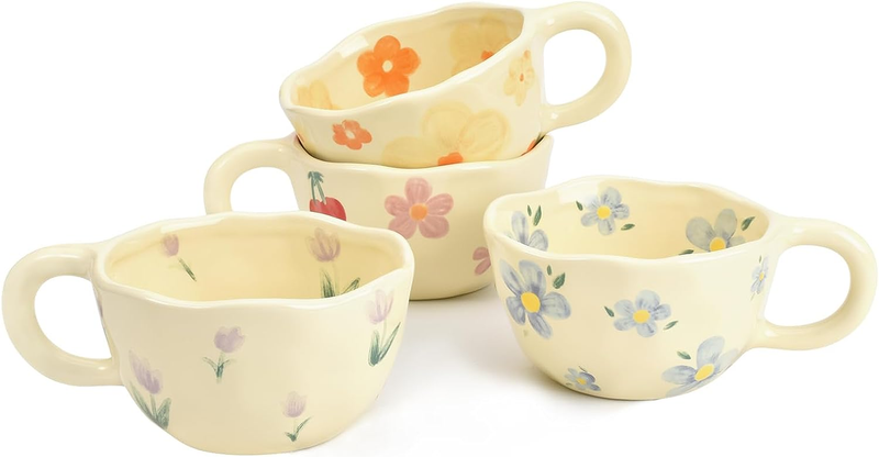 4-Piece Ceramic Coffee Mugs, Creative Flower Mug for Office and Home, 8.5 Oz/250