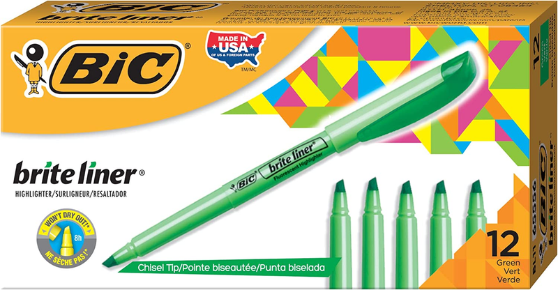 BIC Brite Liner Highlighter, Chisel Tip, Green, 12-Count (BL