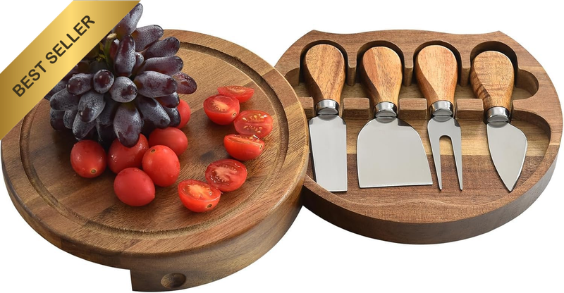 Acacia Wood Cheese Board Set with 4 Knives | Made of Acacia Wood, This Charcuter