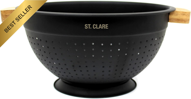 St Clare Stainless Steel Colander with Acacia Handle, Black, 24 Cm Size