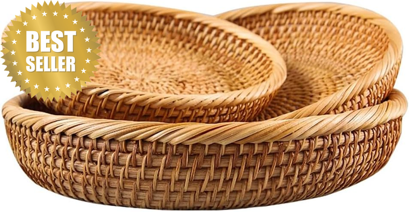 3 Pack Rattan Bread Baskets, Wicker Fruit Basket Set-S, M, L | Handwoven Rattan