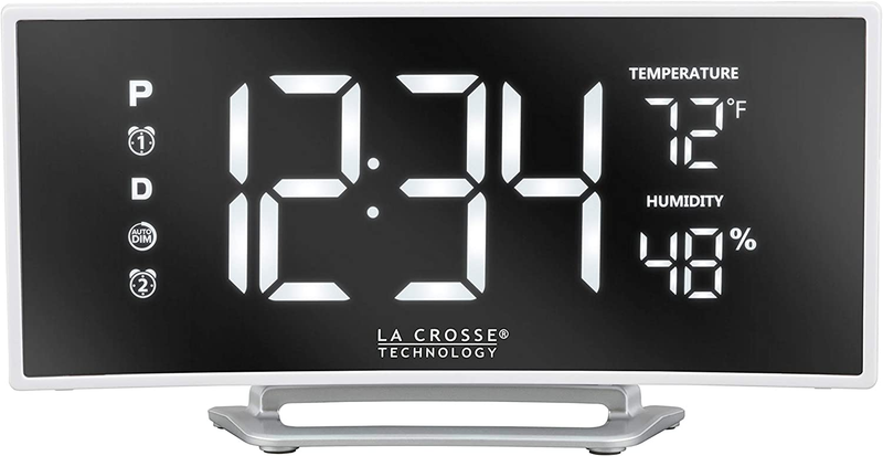 602-249 Curved Mirror LED Alarm Clock with Temperature & Humidity and USB, 6.74"
