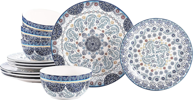 Blue Talavera Ceramic 12 Pcs Dinnerware Set, Service for 4, Inclusive of 11 Inch Dinner Plates, 8.75 Inch Salad Plates and 26Oz Cereal Bowls, for Party, Microwave & Dishwasher Safe