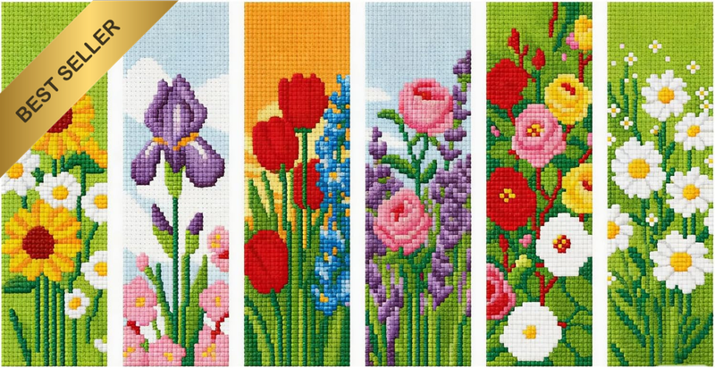 6 Flower Cross Stitch Bookmark Kit for Beginners, 11CT Printed White Cotton Fabr