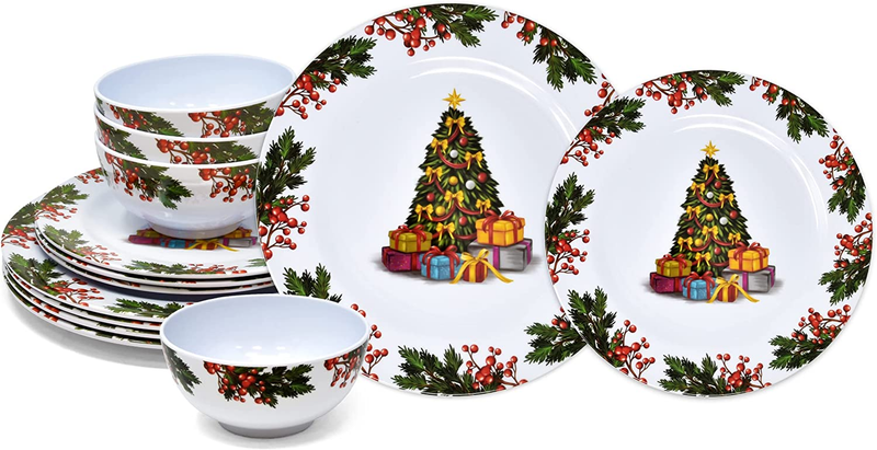 24 Christmas Melamine Dinnerware Set Holiday Plates Dishes Sets 8 11