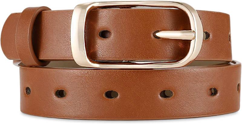 Womens Belts for Jeans, Brown Womens Leather Belt with Gold Buckle, Ladies Casua