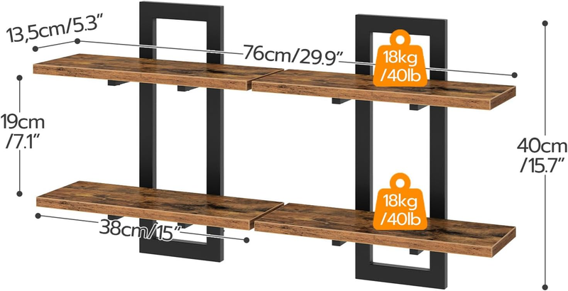 Floating Shelves, 38 cm Wall Shelf Set of 2, Wall Mounted Storage Shelves 2-Tier