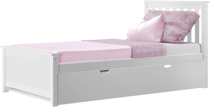 Twin Bed, Wood Bed Frame with Headboard for Kids with Trundle, Slatted, White