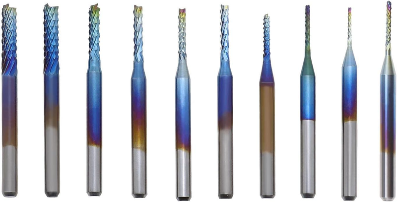 10Pcs Milling Cutter Bit Kit 0.6-1.5Mm Cutting Diameter 3.175Mm Shank Nano Blue
