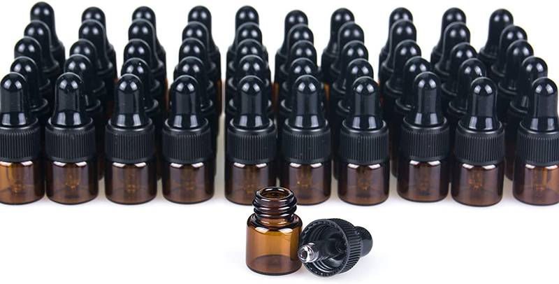 50Pcs 1Ml Amber Mini Glass Dropper Bottles, Small Amber Sample Bottle with Glass