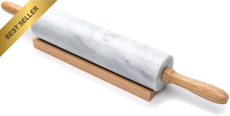 Polished Marble Rolling Pin with Wooden Handles & Base – 38 Cm Heavy Duty Baking