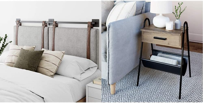 Harlow Wall Mount Headboard, Queen, Gray & Hugo Wood Nightstand, Rustic Accent End or Side Table with Drawer, Durable Black Metal Frame & Leather Hammock, Gray