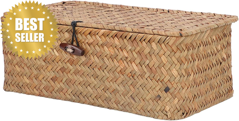 Seagrass Storage Basket Box with Lid, Rectangular Woven Shelf Baskets Bins Deskt