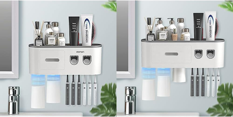 Toothbrush Holders Wall Mounted, Toothbrush Holder with Automatic Toothpaste Dispensers, 6 Brush Slots, 2 Magnetic Cups,1 Cosmetic Drawer Organizer and 1 Large Storage Tray