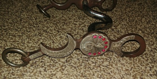 Jerry Wallace double mounted sterling silver jeweled peacock  bit spurs & straps