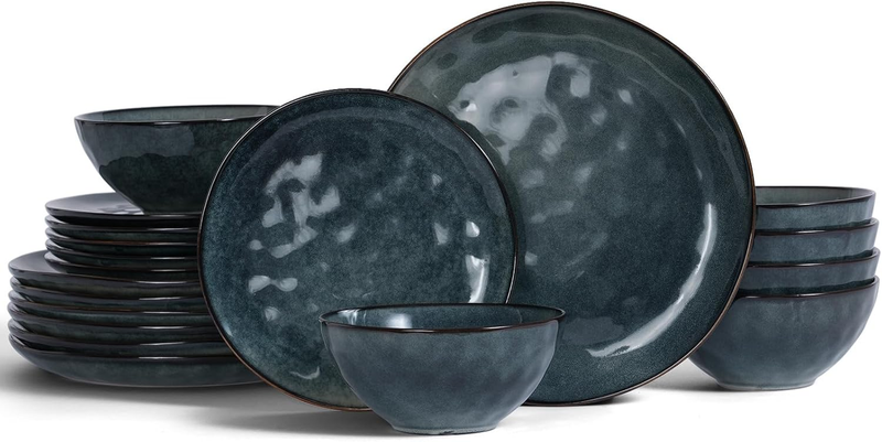 Ocean round Plates and Bowls Set, 18 Pieces Dinnerware Sets, Dishes Set for 6, Reactive Glaze, Microwave and Dishwasher Safe, Scratch Resistant, Deep Forest