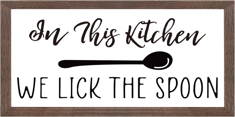 in This Kitchen We Lick the Spoon Art Sign Solid Wood Framed Block Sign Funny Fa