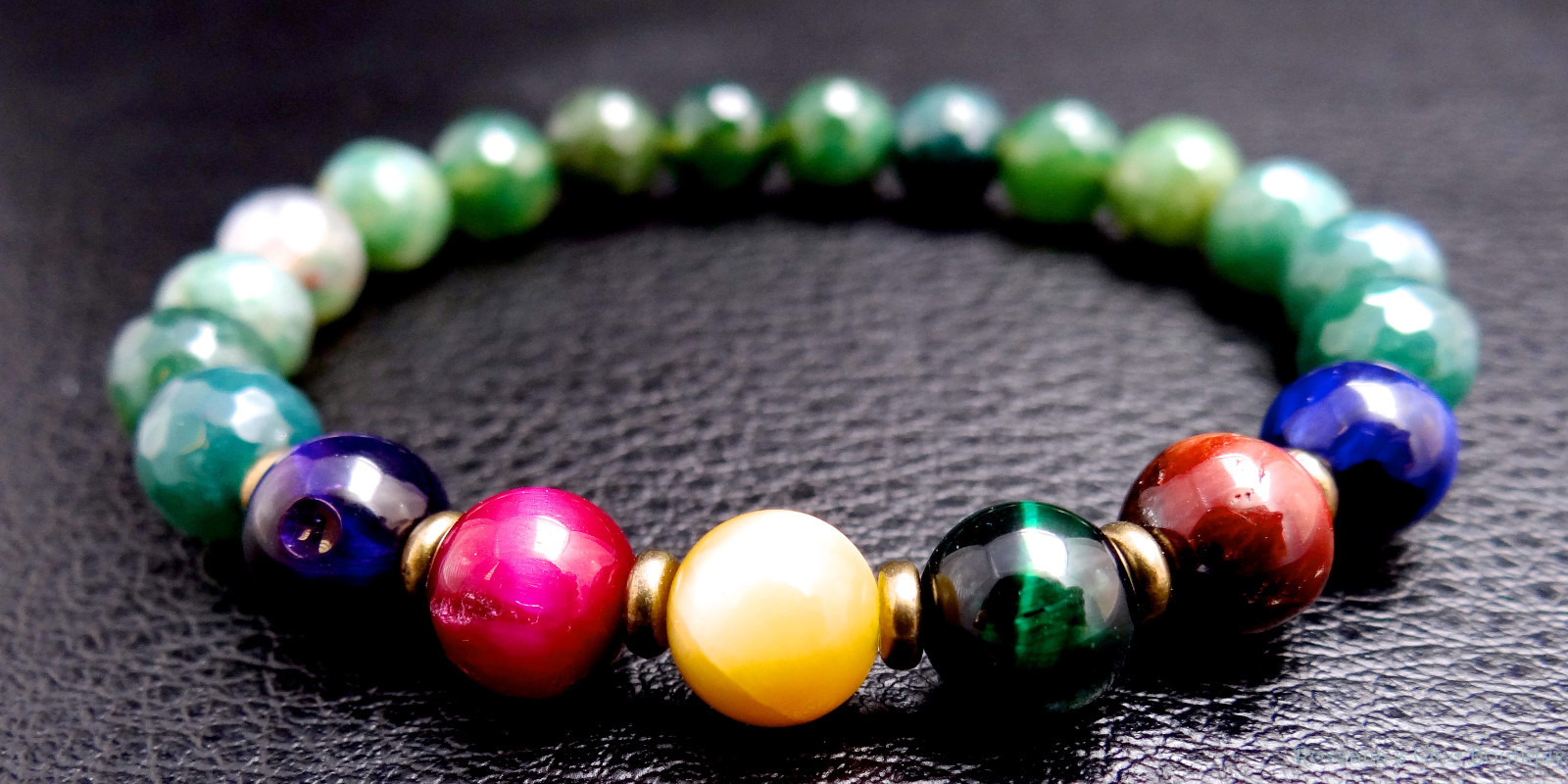 Faceted moss agate and tiger eye bracelet w/ bronze beads abundance success