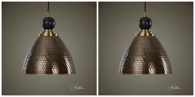 PAIR ADASTRA 14'' AGED HAMMERED METAL HANGING PENDANT CHANDELIER LIGHT UTTERMOST 
