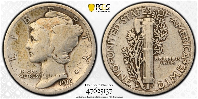 1916-D Mercury Dime. .10. PCGS Fine Details. Attractive.