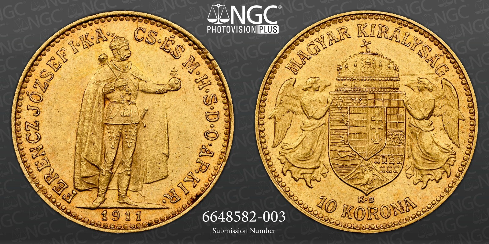 ハンガリー　10コロナ金貨1911年鑑定済 1911, Hungary, Franz Josef I. Beautiful Gold 10 Korona Coin