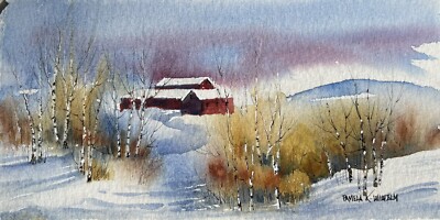 3 x6  Original Pamela Wilhelm loose Watercolor Snow Drift Farm Red Barns Snow