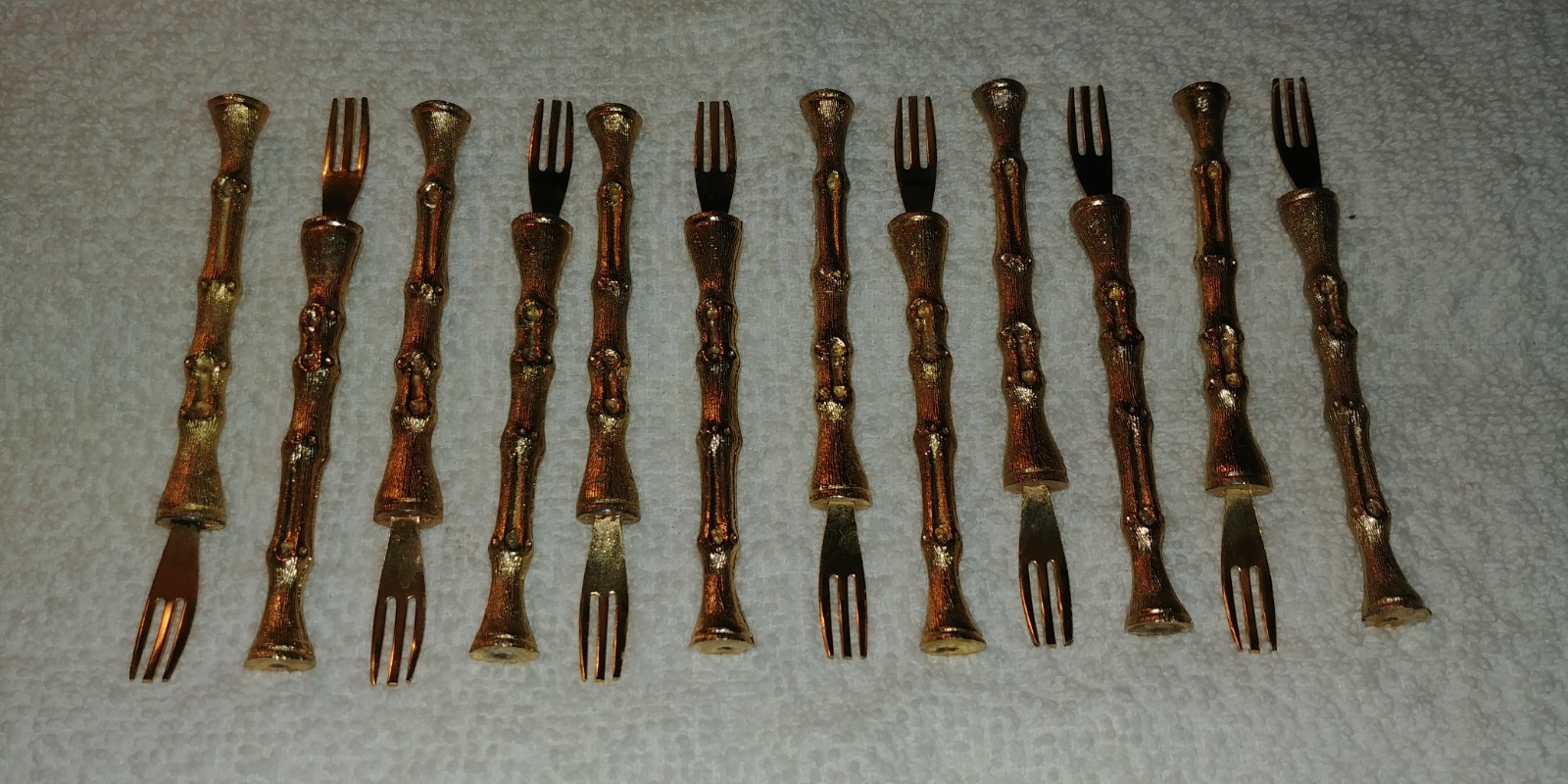Vintage  Set of 12 Appetizer Forks, Goldtone Metal Bamboo Motif, Heavy