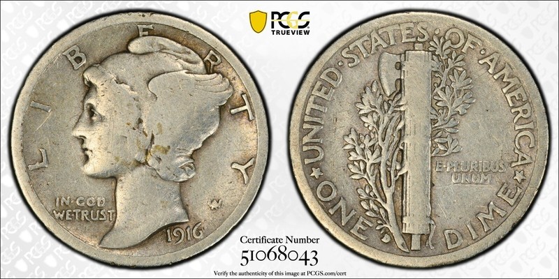 1916-D Mercury Dime 10C PCGS VG Detail Old Cleaned Key