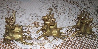 Vtg Brass Santa's Sleigh & 6 Reindeer Collectible Christmas Village sz 3