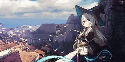 Anime girls sagiri blue eyes building city clouds hat playmat gaming mat