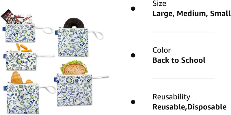 Reusable Sandwich Bag Snack Bags - Value Pack of 5 Dual Layer Lunch Baggies - Di