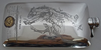 OUTSTANDING COWBOY RODEO STERLING 14K TRAPSHOOTING TROPHY FLASK BY KERR C. 1927