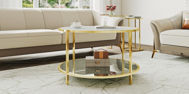 Modern Round Coffee Table With Open 2-Tier  Storage Shelf Center Cocktail Table