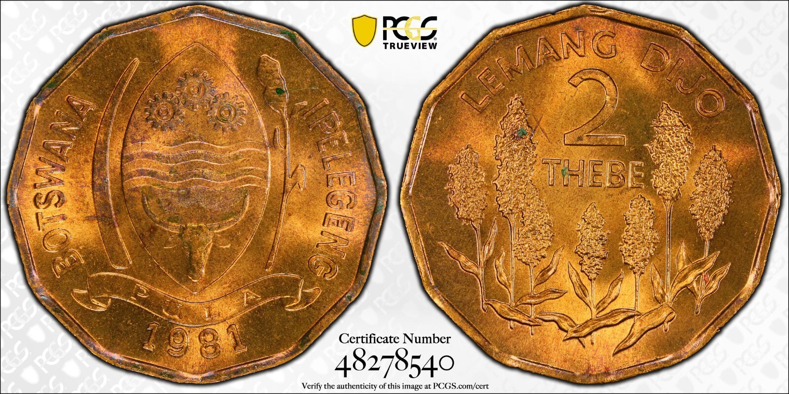 1981 Botswana 2 Thebe Coin - PCGS MS 64 RB | eBay