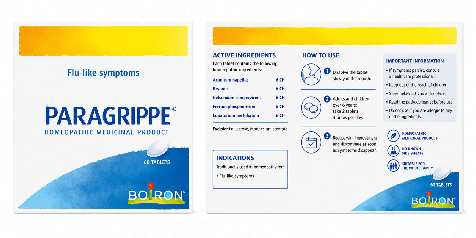 Boiron Paragrippe Homeopathic Tablets 60 Flu Like Symptoms Support