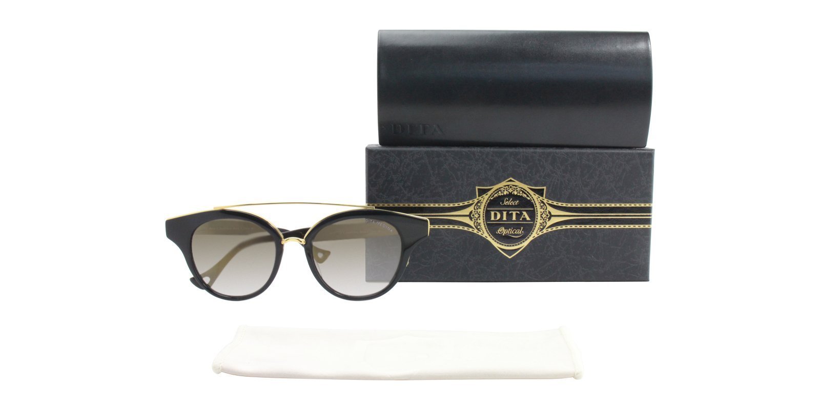 Pre-owned Dita Medina Round Black-gold Shiny 18k Sunglasses Grey-clear Lense Gold Flash In Grey Gradient