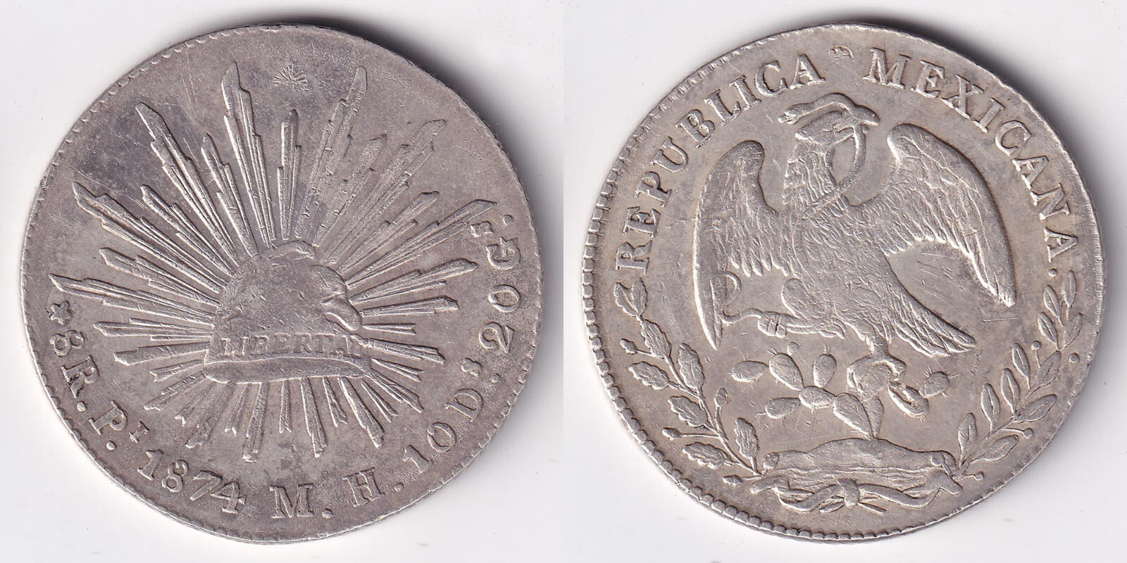 1874 Pi MH Mexico Republic 8 Reales Cap And Rays .90 Silver