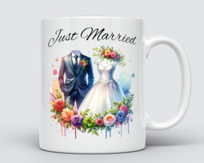 Couples Just Married Mug Wedding Gift 11oz Ceramic Watercolour Painting Design