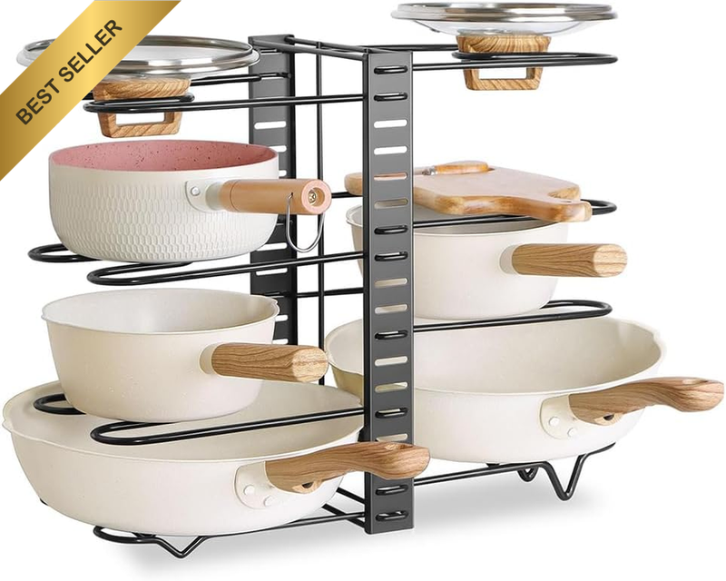 8 Tier Dual Sided Pan and Pot Rack Organizer - Adjustable Kitchen Cabinet Pantry