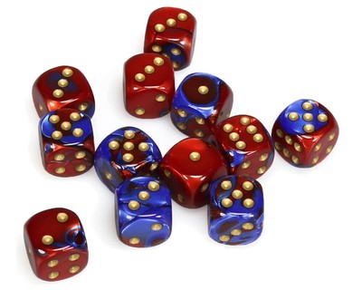 Кубик для игры в шахматы Chessex Gemini сине-красный/золотой 16 мм (12)