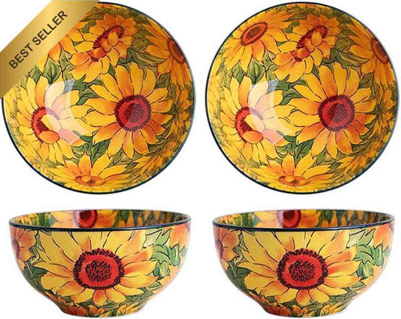 Ceramic Bowls Set of 4, 5 Inch Soup Bowls, Breakfast Bowls, Underglaze Sunflower