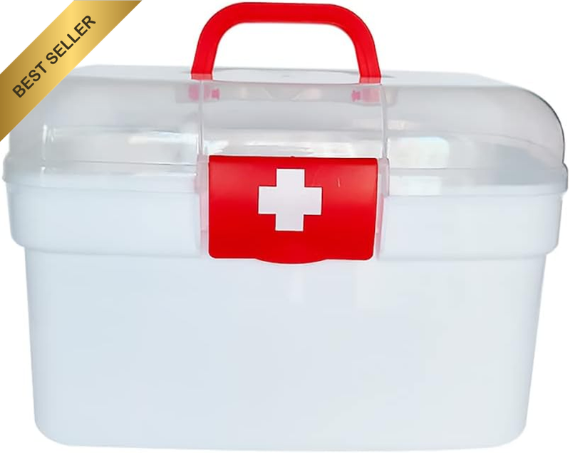 Portable White First Aid Box with 4-Grid Tray & Handle