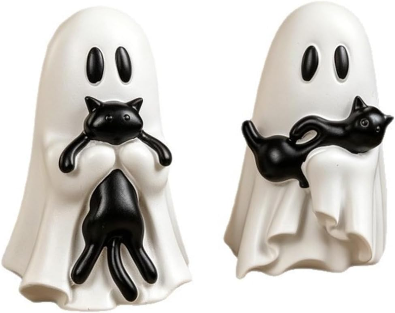 2 PCS Ghost Black Cat Statue Halloween Ghost Figurines Black Cat Ornaments Table