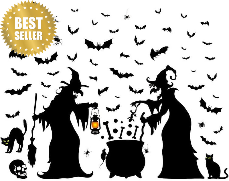 3 PCS Halloween Decorations Window Clings Decor - Large Witches with Cauldron Ba
