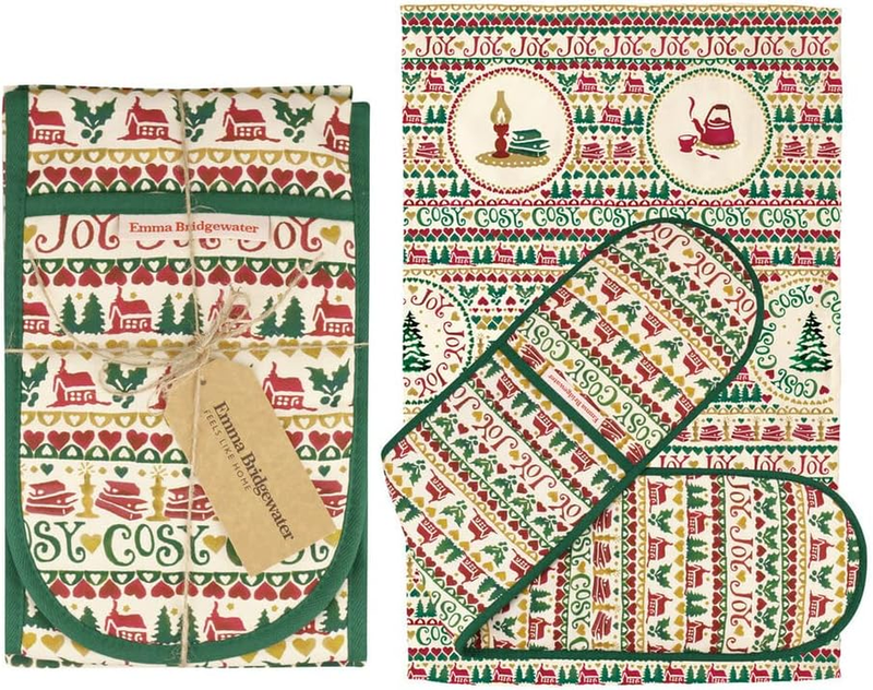 Christmas Joy Double Oven Glove & Kitchen Dish Towel Cotton Gift Set