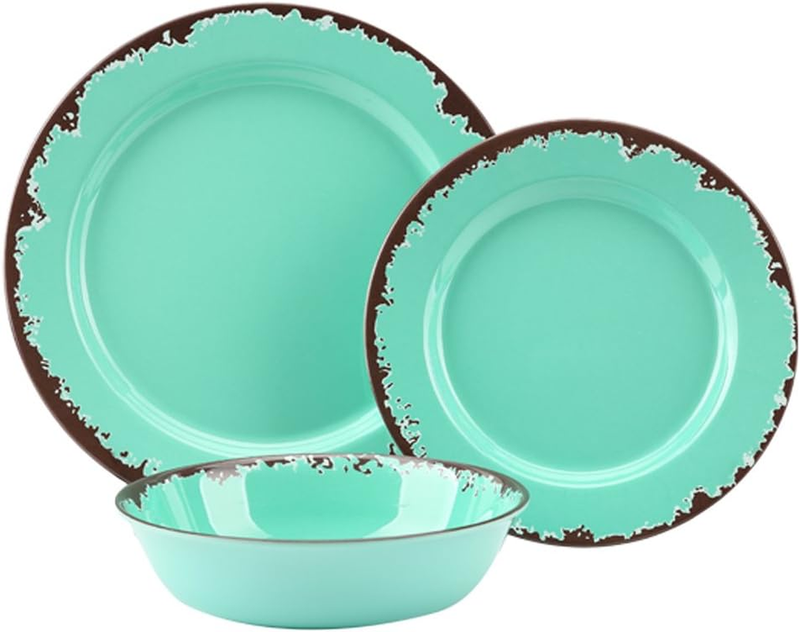 Rustic Melamine Dinnerware Set - 12 Pcs  Outdoor Camper Set Service for 4 Green