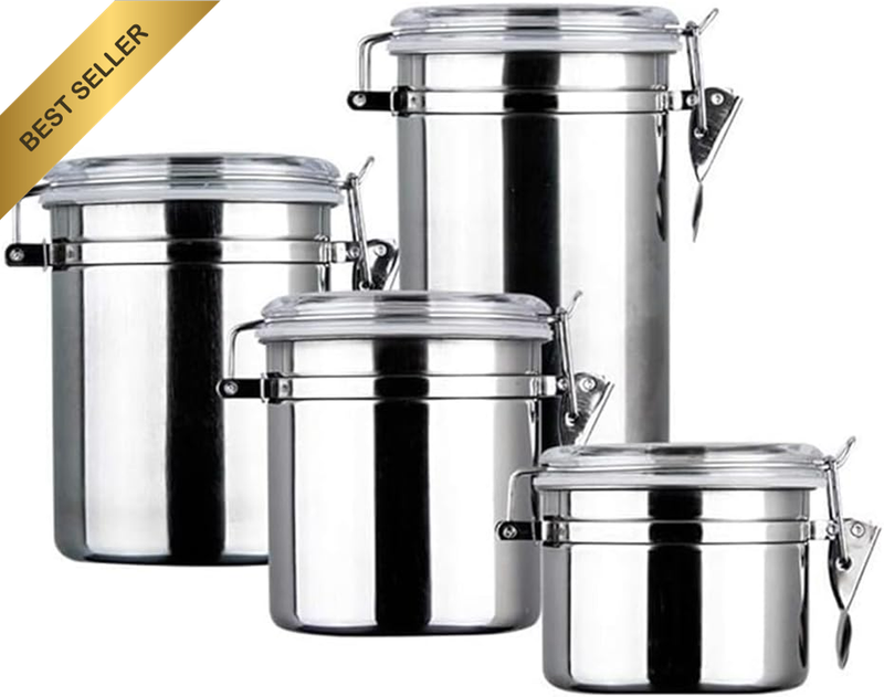 Set of 4 Stainless Steel Airtight Jars with Clear Sealing Lids and Locking Clips