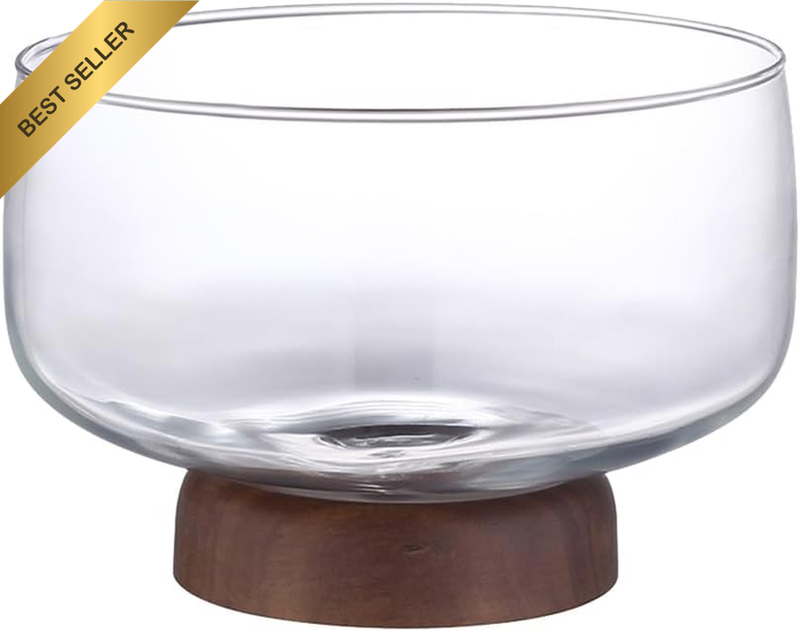 Acacia Wood Glass Cake Bowl with Elegant Wooden Stand, Multi-Functional Fruit Pl