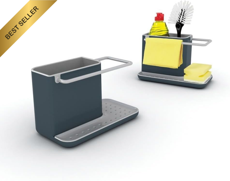 Caddy Kitchen Sink Area Organiser with Sponge Holder and Cloth Hanger – Grey