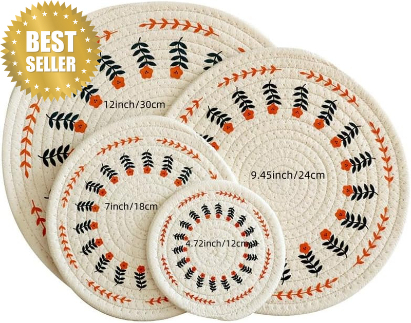 Set of 4 Cotton and Linen Weaving Woven round Placemats 4.7 In/12Cm for Dining T